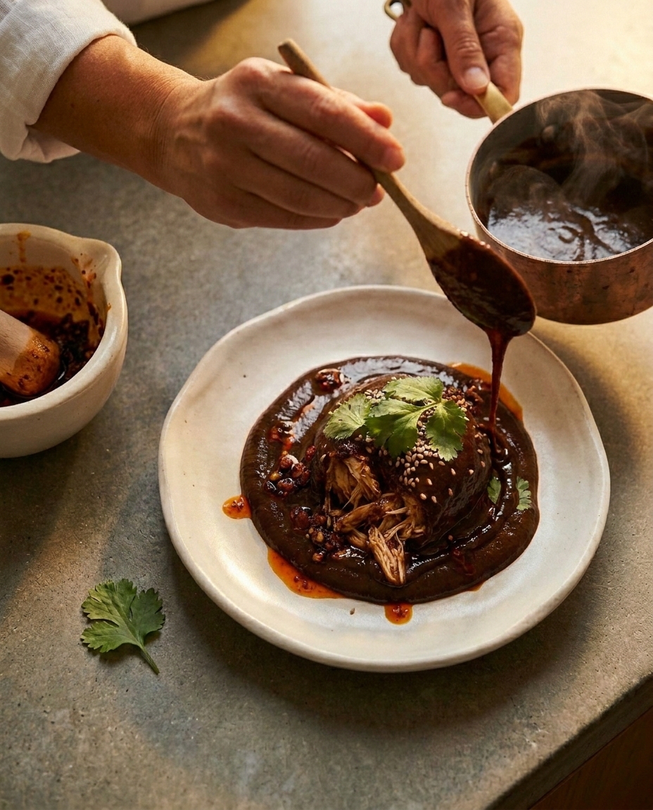Mextapas chef plating chipotle pork with Mexican rice from a home-style Veracruz recipe
